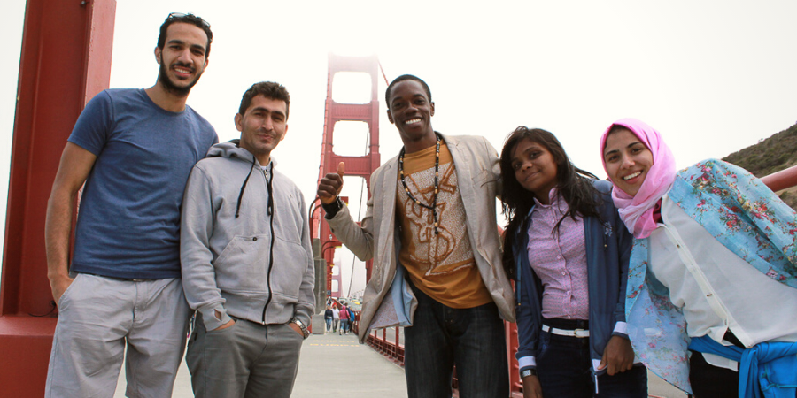 Group of students posing on the Golden Gate Bridge