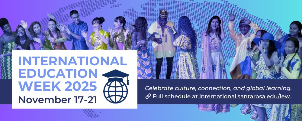 A group of international students wearing colorful traditional clothing smile and dance in front of a world map background. Text reads “International Education Week 2025, November 17–21. Celebrate culture, connection, and global learning.”