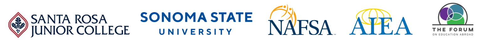 Logos of Santa Rosa Junior College, Sonoma State University, NAFSA: Association of International Educators, AIEA: Association of International Education Administrators, and The Forum on Education Abroad, displayed in partnership for International Education Week.