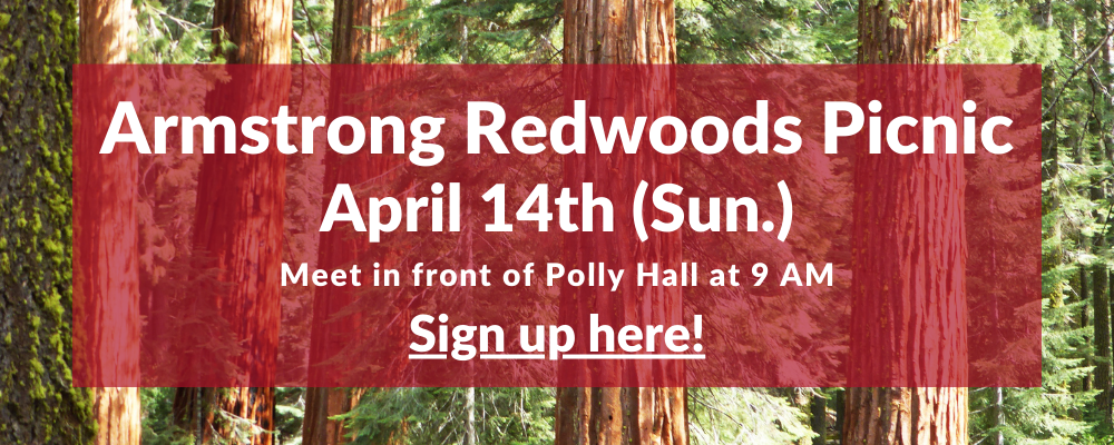 Armstrong Redwoods Picnic, Sunday April Fourteenth, Meet in front of Polly Hall at Nine A.M., Sign Up Here link. 