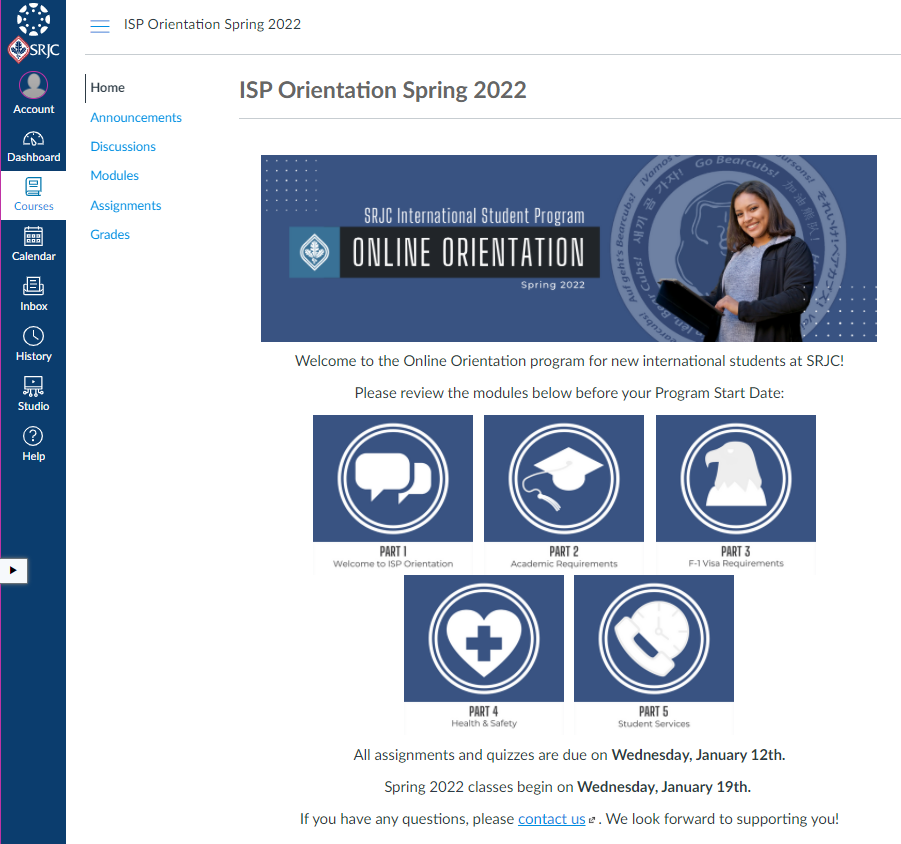 Screenshot of ISP Orientation Home Page