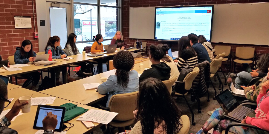 Students attending a Scholarship workshop in Plover Hall. 