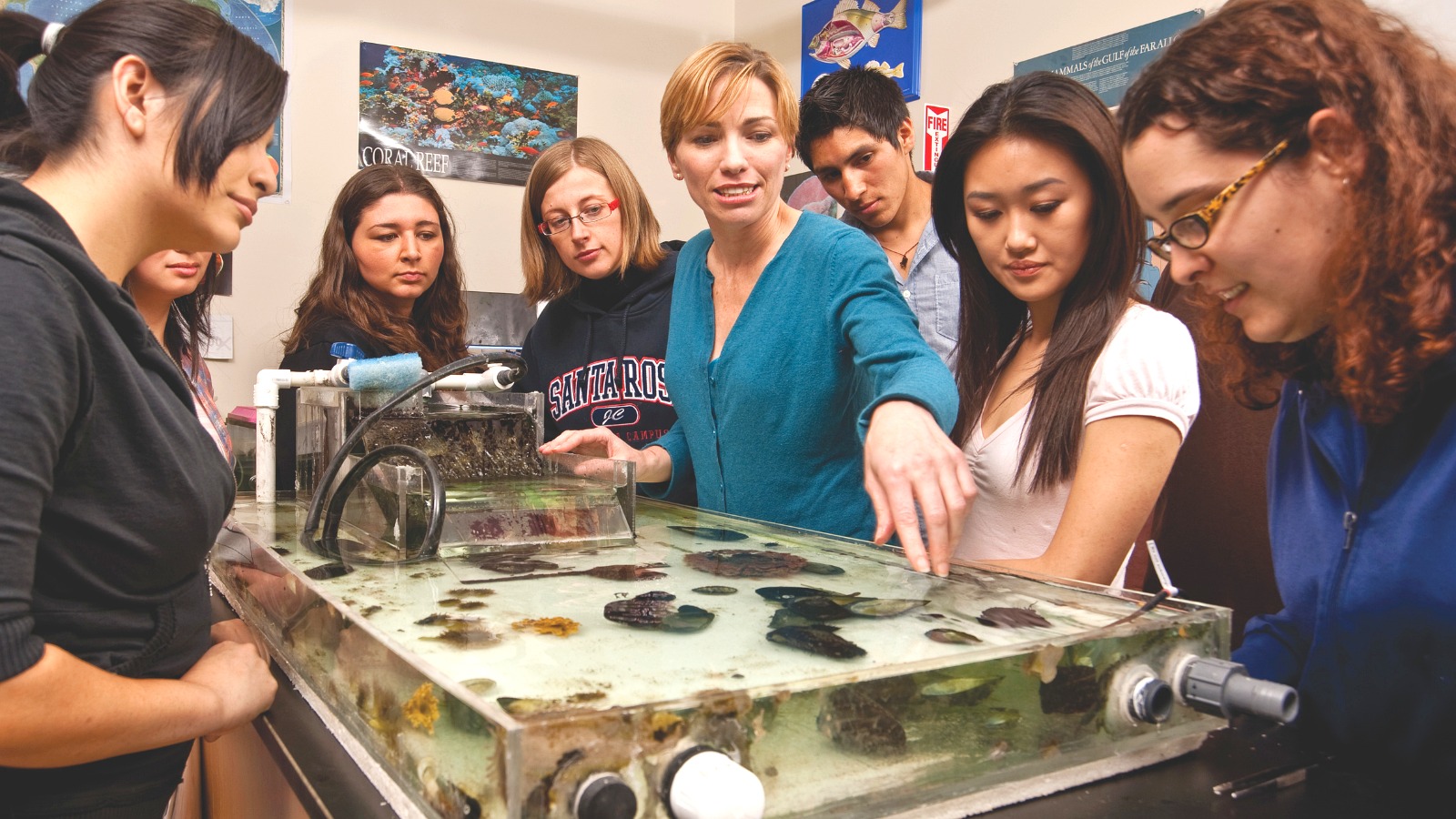 Students conducting experiments in a science laboratory with microscopes and lab equipment.