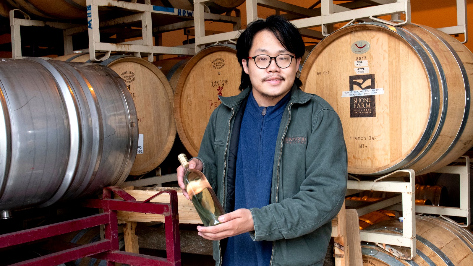Wine studies students examining grapevines and learning viticulture techniques.